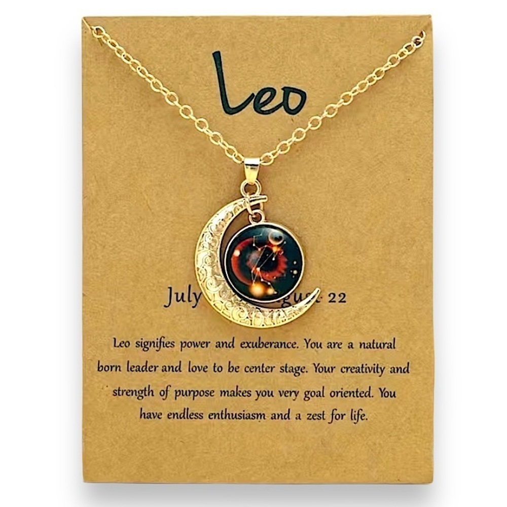 Leo Gold Tone Moon Zodiac Necklace